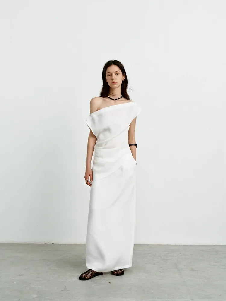 Elegant High-Waisted A- Line Skirt For Women Summer Commuting Long Dress Textile Song WhiteDrapedSideSlitLongDress