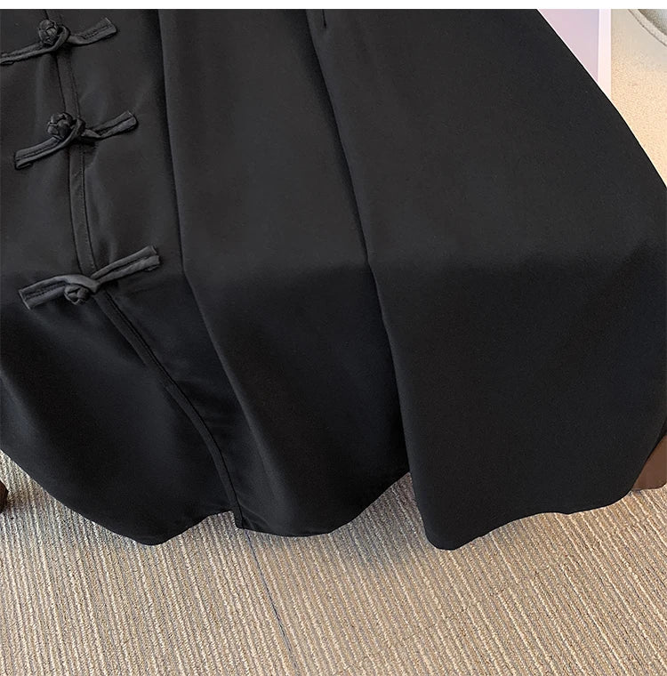 Plus size women's summer casual dress Chinese style modified cheongsam tray buckle decoration slit hem black polyester fabric