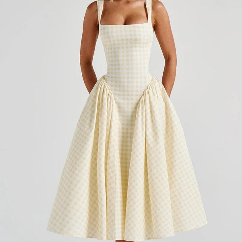 Sexy Sleeveless Elegant Plaid Dress Women Lace Up Back A-line Midi Summer Dresses Party Robe