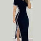 Womens Dresses Spring Fashion Striped High Slit Casual 0-Neck Short Sleeve Daily Skinny Maxi A-Line Dress Woman Clothing