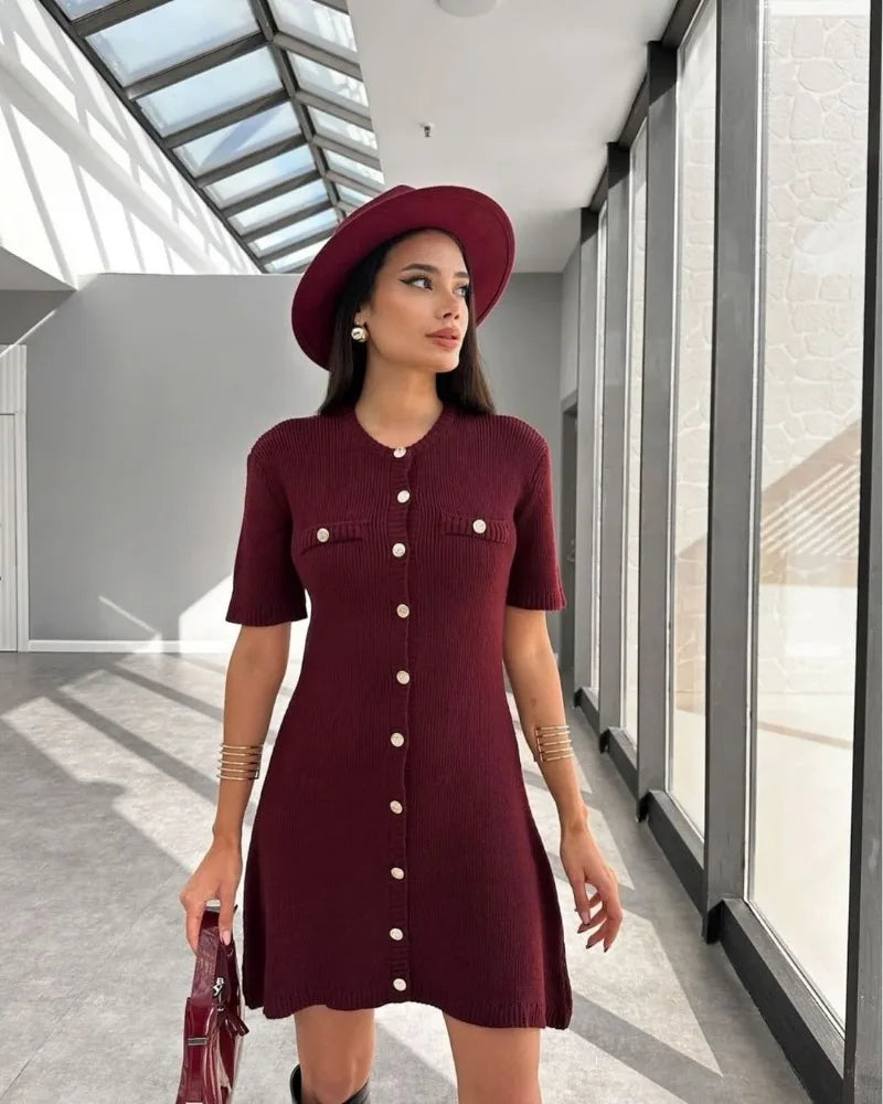 Trendix Elegant Knit Mini Dress Women Street Slim High Waist Short Sleeve Rib Sweater Dresses Vacation Bodycon Knitwear Dress