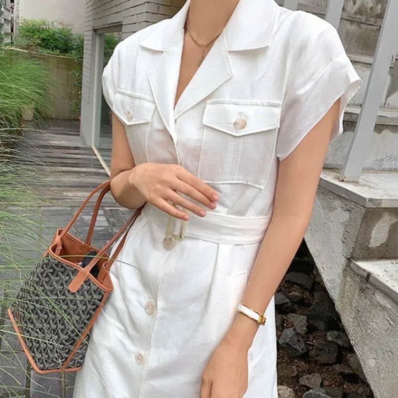 Korean Chic Retro Stand Collar Multi-Pocket Design Ring Buckle Waist Cinching Short Sleeve Dress with Belt Women's Dress