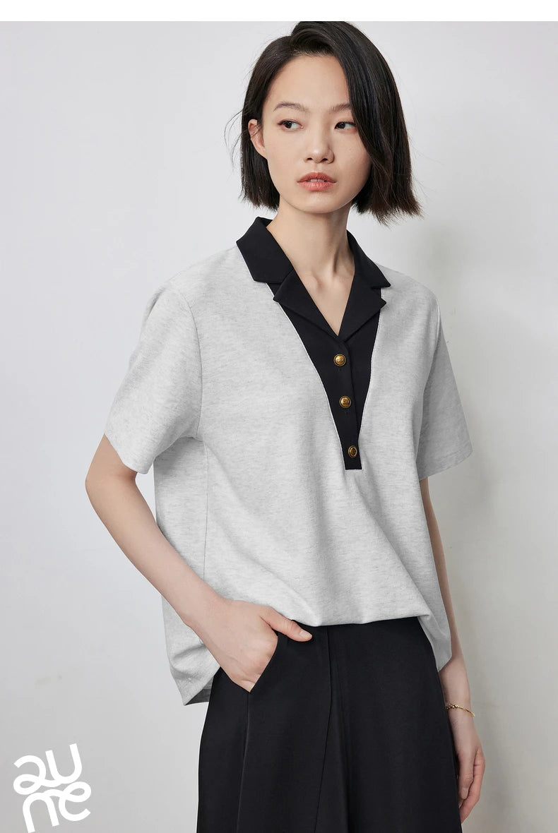 TOYOUTH Women Contrasting Colors POLO Collar T-shirt 2025 Summer New Short Sleeved Top