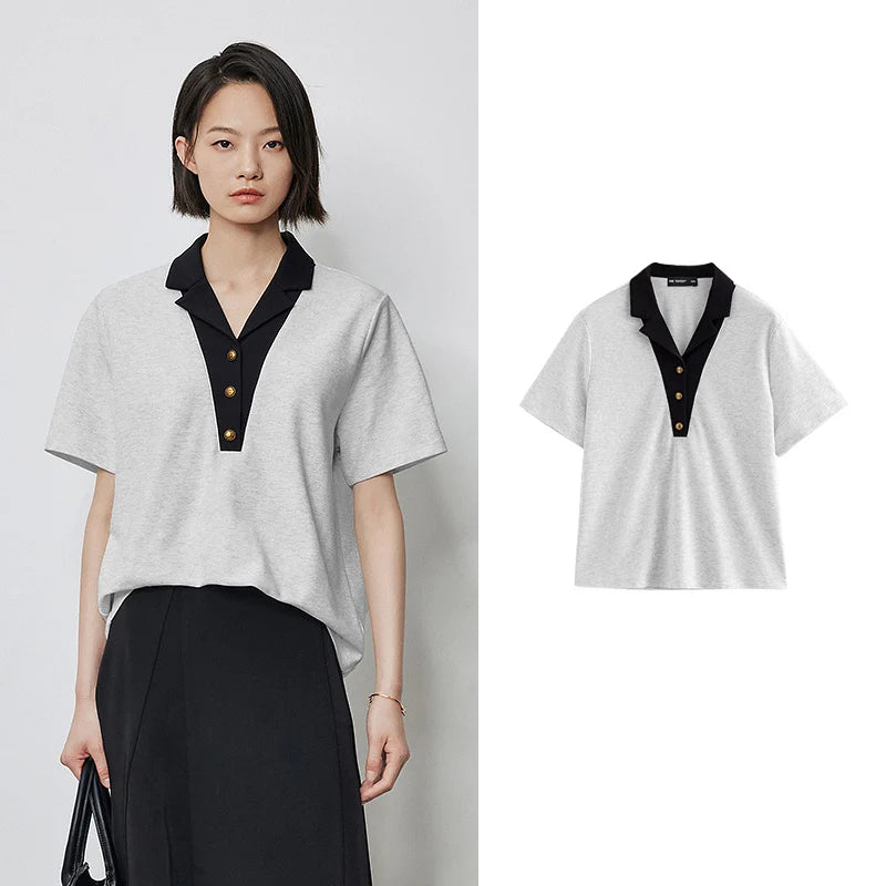 TOYOUTH Women Contrasting Colors POLO Collar T-shirt 2025 Summer New Short Sleeved Top