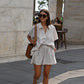 Women Casual Striped Cotton Linen Loose Shirt Shorts Suits Fashion Lapel Half Sleeves Elastic Waisted Shorts Summer Lady Outfits