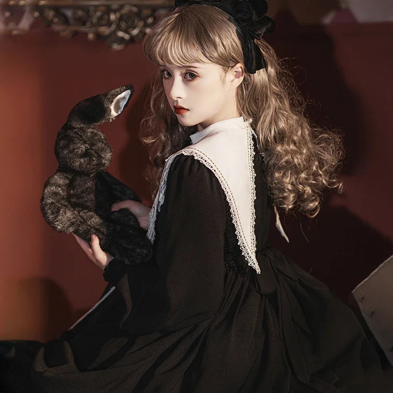 Contract Color Lolita Dress for Women Gothic Style Dark Girl Japanese Retro Op Dress Autumn and Winter Long Sleeve Black Dress