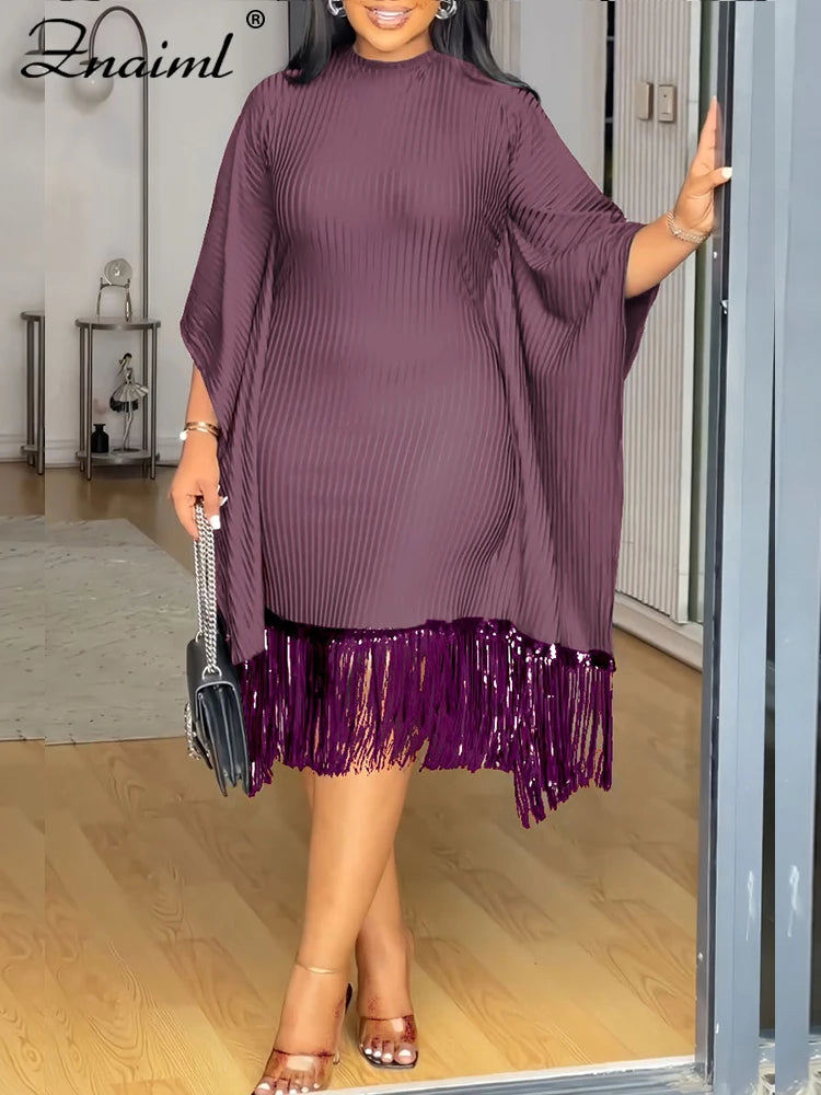 Znaiml Elegant Batwing Sleeve Tassel Slim Birthday Party Black Midi Dresses Women Sexy Evening Prom Bodycon African Vestidos New