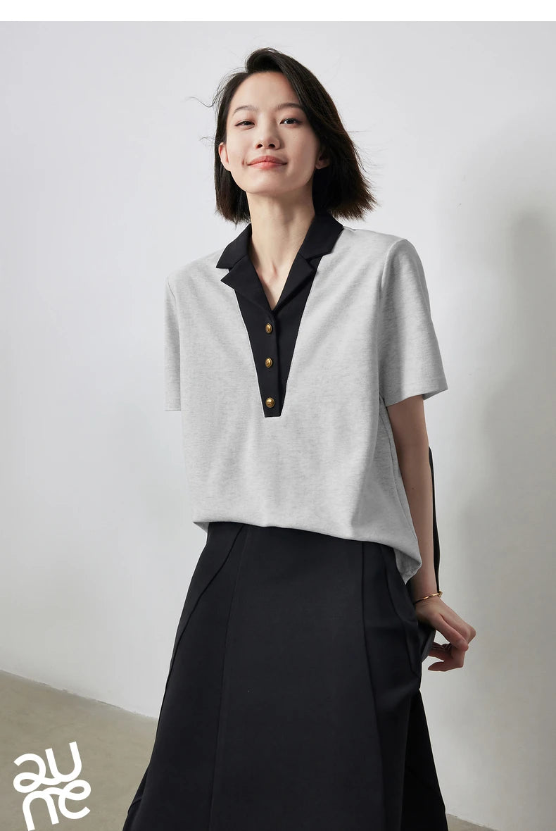TOYOUTH Women Contrasting Colors POLO Collar T-shirt 2025 Summer New Short Sleeved Top