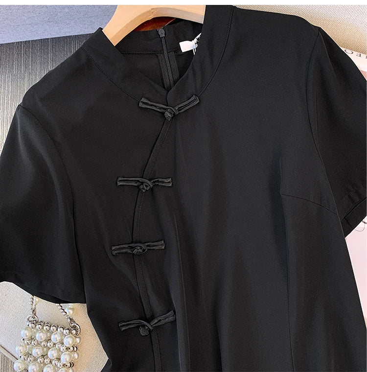 Plus size women's summer casual dress Chinese style modified cheongsam tray buckle decoration slit hem black polyester fabric