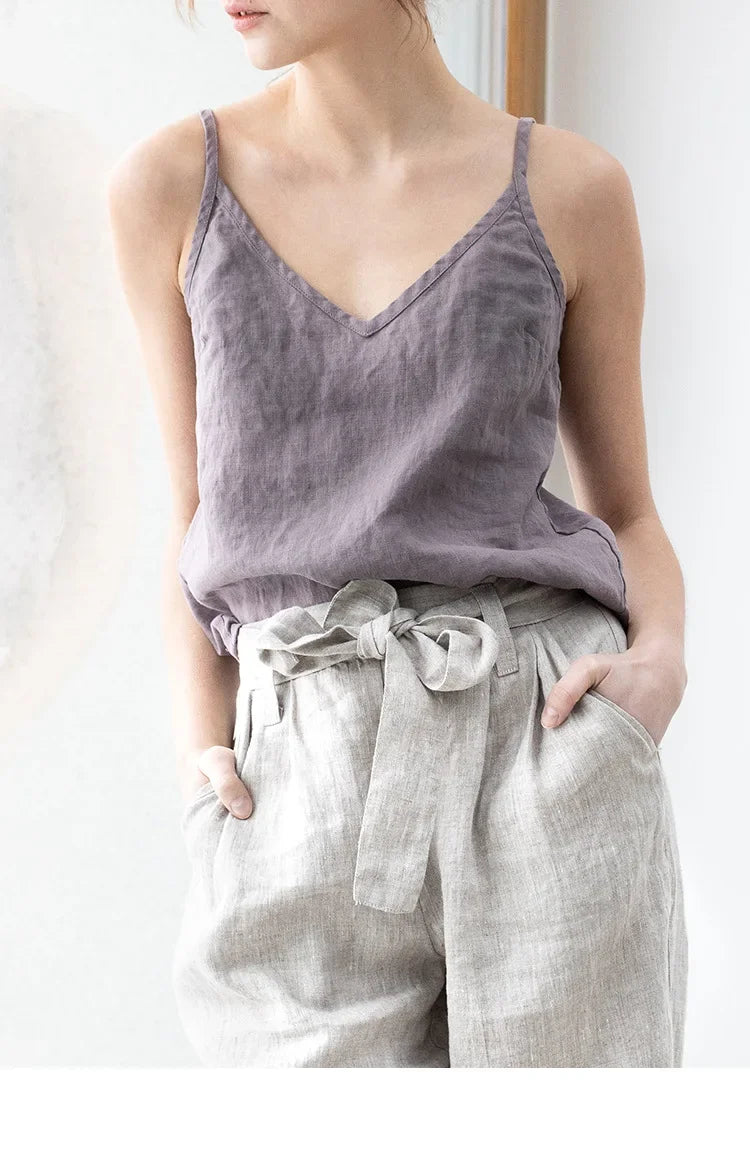 Pure Color Cotton Linen Sleeveless V-Neck Women's Tank Top Loose Fit Simple Style Outerwear Casual Comfortable Vest