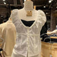 2024 New White Lace Tied Square Neck Summer T-shirts Chic Elegant Short Sleeve Tee Cotton Y2K Street Casual Bow Tie-up Top Women