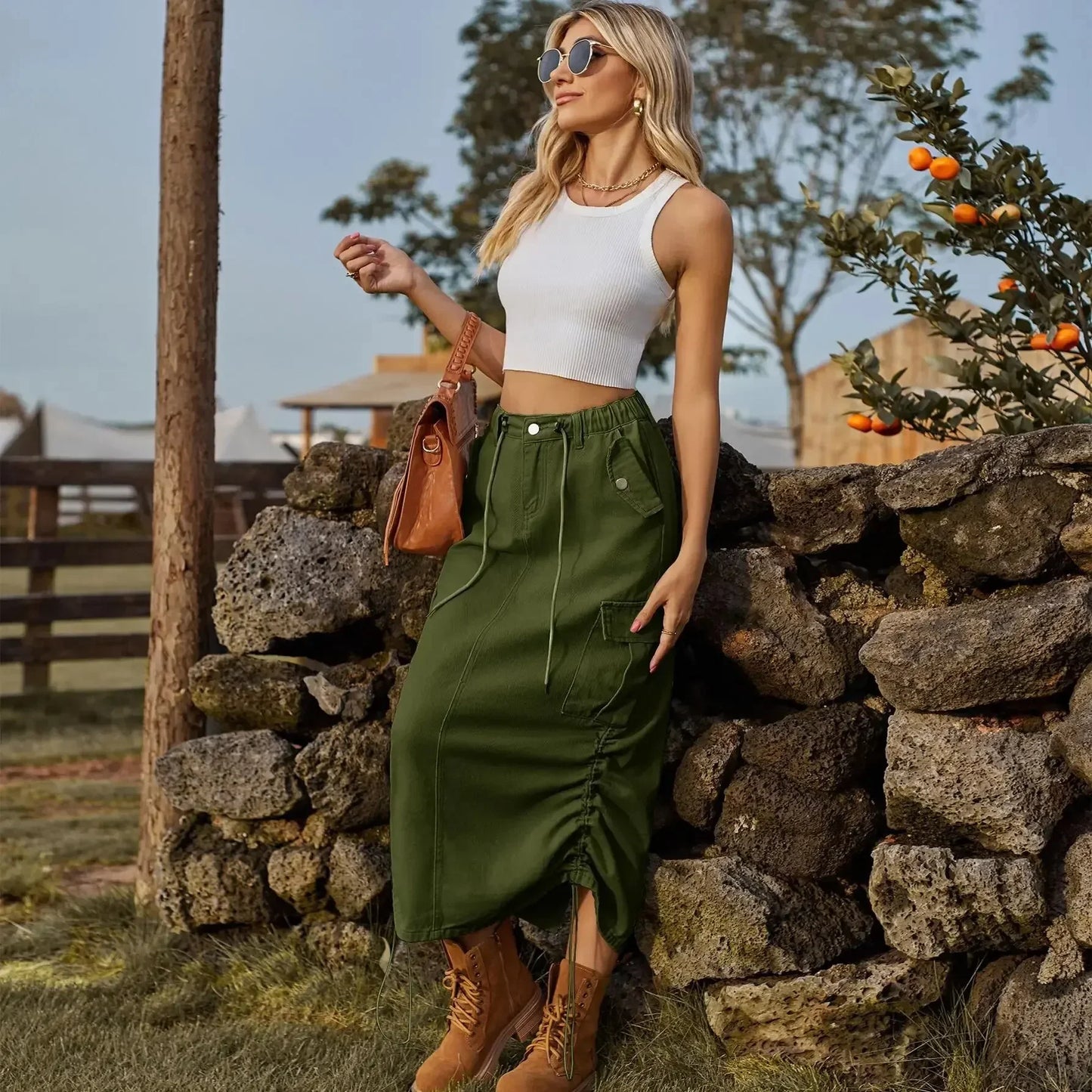 Leisure elastic waist work dress, fashionable women's mid length skirt