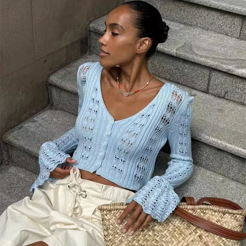 Trendix Summer Knit Long Sleeve Cardigan For Women V Neck Solid Bodycon Hollow Out Short Tops Party Club Slim Vacation Top Femme