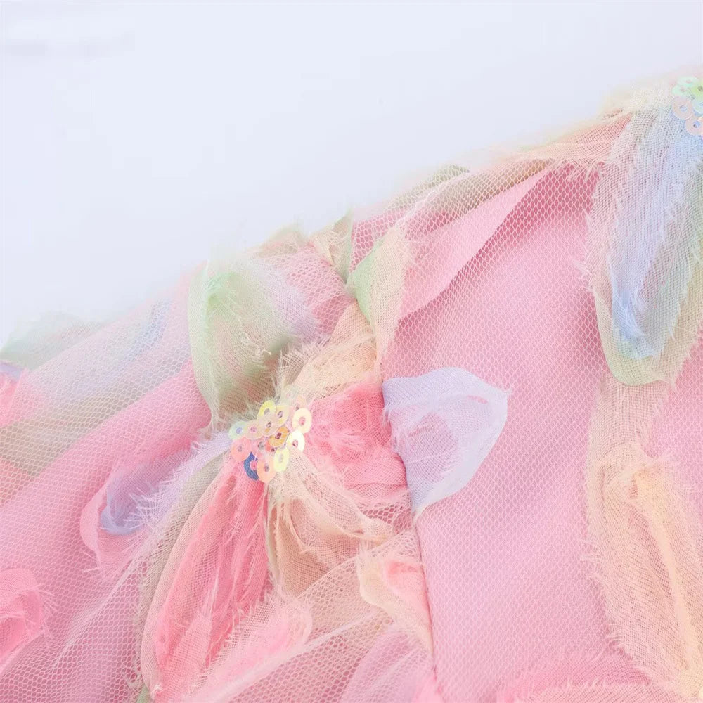 PB&ZA 2025 Women's Pink Short - length Blouse with Colorful Floral Embroidery Puff Sleeves and Collar for a Sweet Look