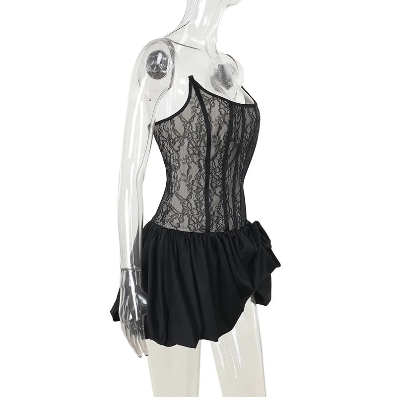 Talenza Black Lace Strapless Dress Women's Sexy Sleeveless Pleated A-Line High Waist Dress Backless Off Shoulder Y2k Party Dress