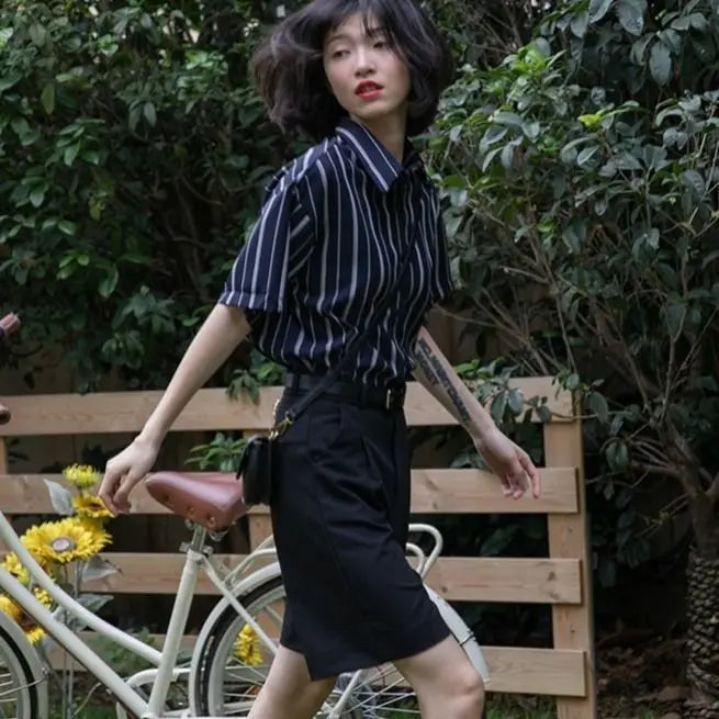 XEJ Elegant and Youth Woman Blouses Short Sleeve Striped Shirt British Style Summer Shirts for Women Fashion Retro Shirt
