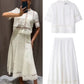 TRAFZA Women Fashion O-Neck Crocheting Details White Skirt Suit Short-sleeve Blouse+Side Zipper White Pleated Midi Se Long Skirt