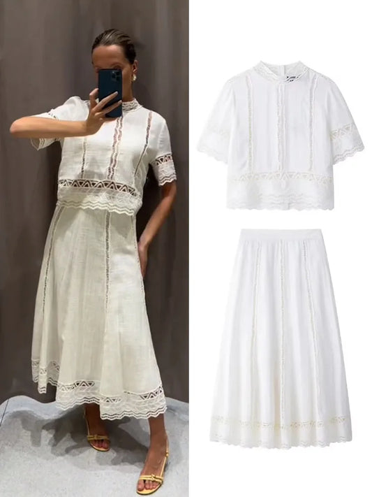 TRAFZA Women Fashion O-Neck Crocheting Details White Skirt Suit Short-sleeve Blouse+Side Zipper White Pleated Midi Se Long Skirt