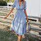 Women's Causal Striped Tassel Medium Long Dress V Neck Button Short Sleeve Spring Summer Dress