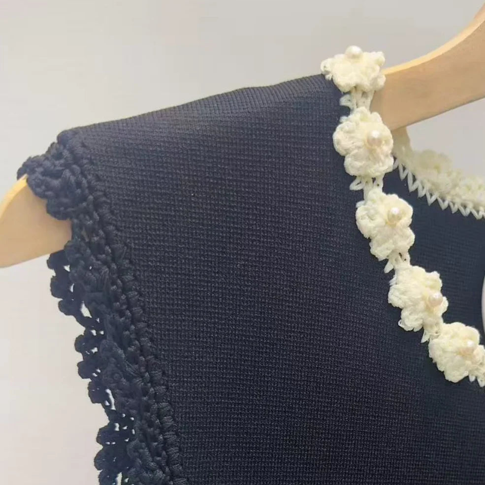 Black Crochet Flower Long Knitted Dress Women 2025 Early Spring New Elegant Sleeveless Slim Dress 5250014