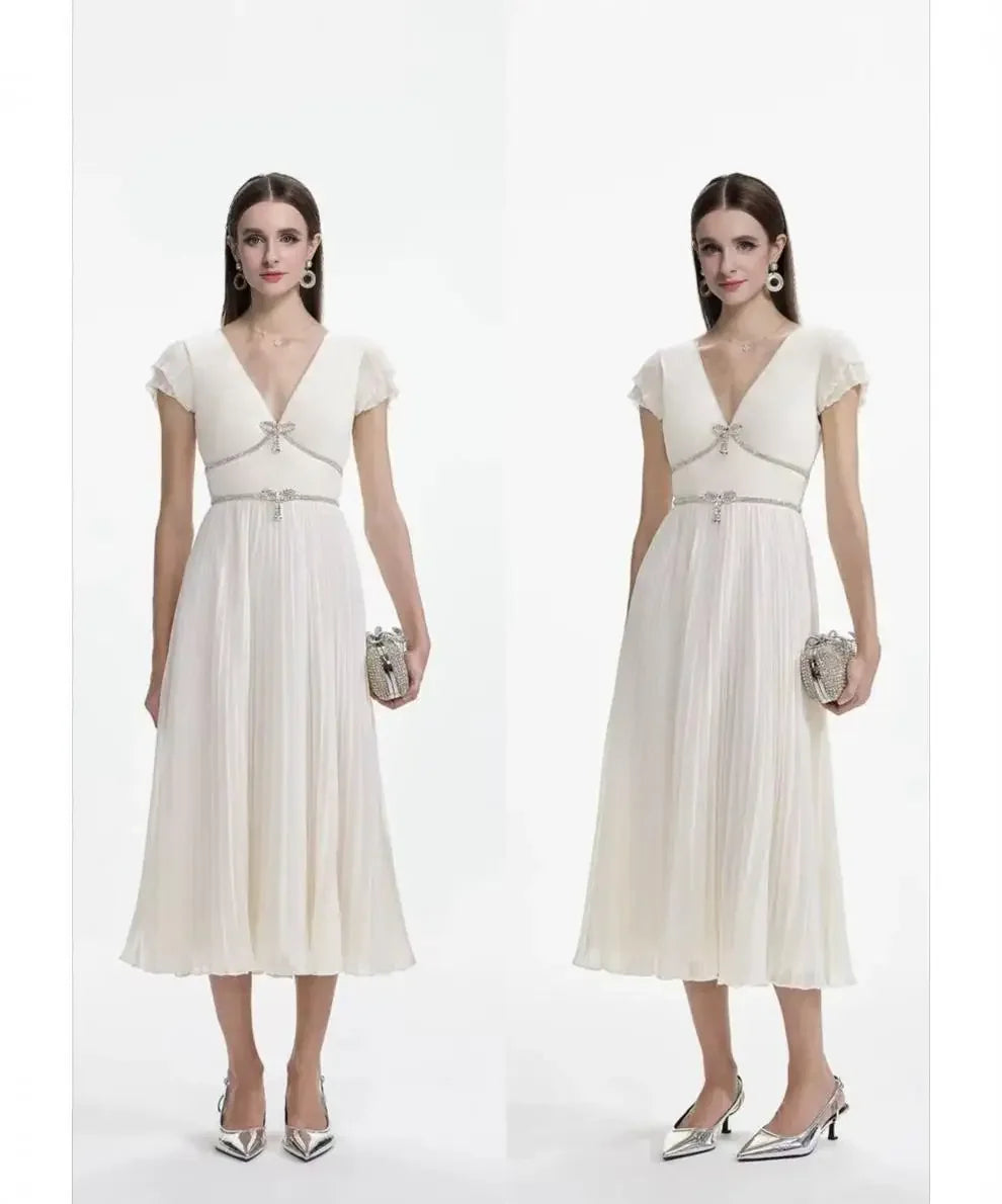 Elegant French Style Dress with Butterfly Knot Waist Cinching Pleated Skirt Cocktail Dress Short Sleeve V Neck Ankle Length