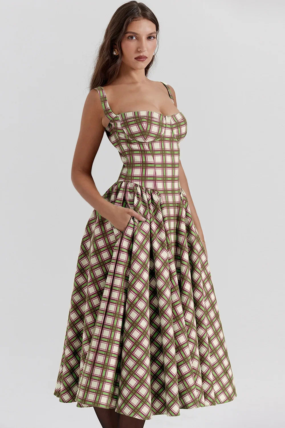 Women's French Style Long Dress with Solid/Floral/Checkered Multi Color Options Knee-Length Dress 2025 New Arrival