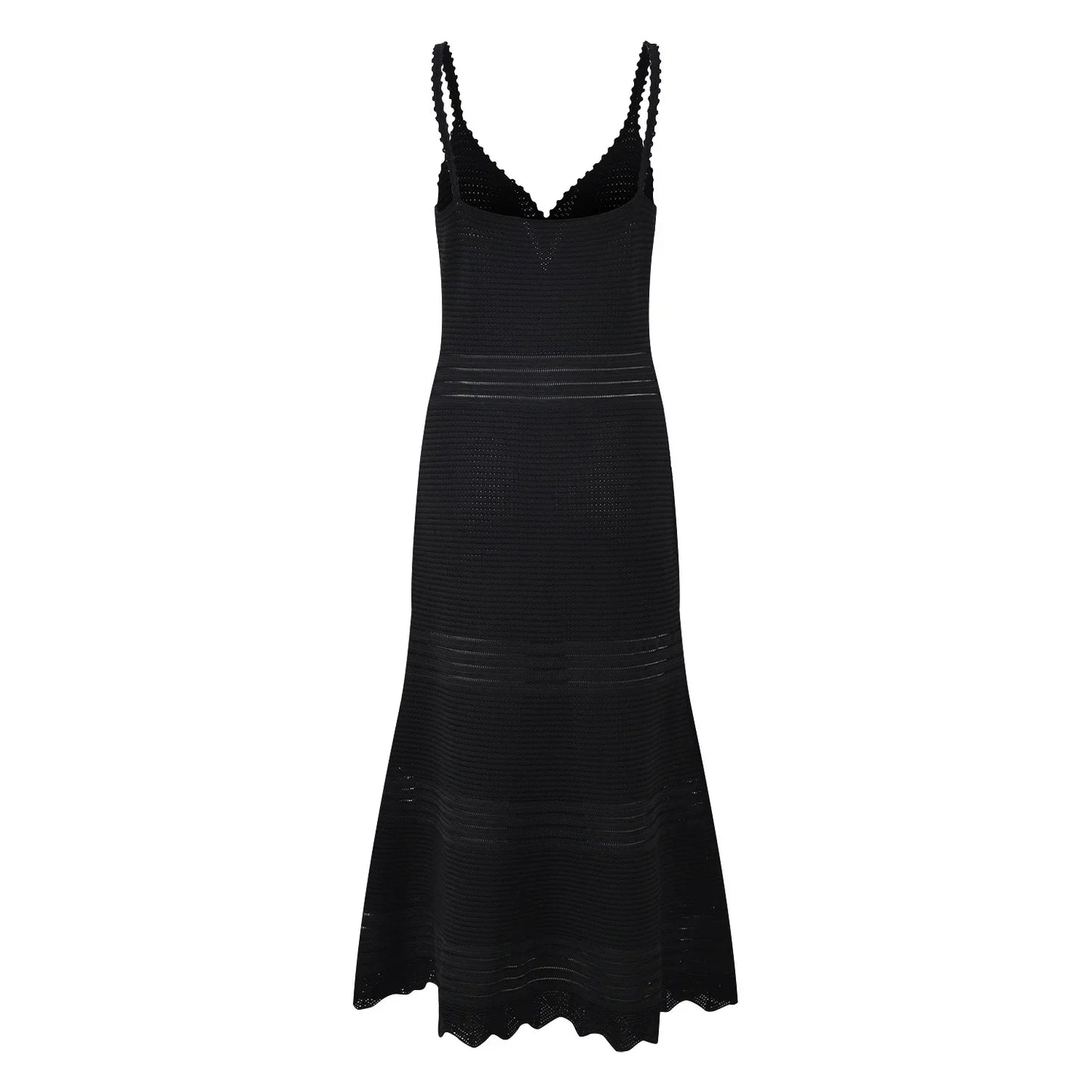 Black Spaghetti Strap Mermaid Dress Women's 2024 New Hollow Out Knitted Slim Mid-Calf Dresses
