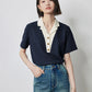 TOYOUTH Women Contrasting Colors POLO Collar T-shirt 2025 Summer New Short Sleeved Top