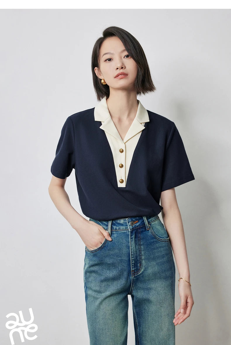 TOYOUTH Women Contrasting Colors POLO Collar T-shirt 2025 Summer New Short Sleeved Top