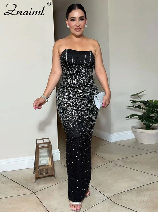 Znaiml Black Off Shoulder Sleeveless Luxury Rhinestones Bodycon Back Split Dresses Womens Clothing Slim Birthday Evening Vestido