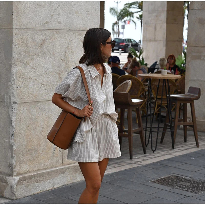 Women Casual Striped Cotton Linen Loose Shirt Shorts Suits Fashion Lapel Half Sleeves Elastic Waisted Shorts Summer Lady Outfits