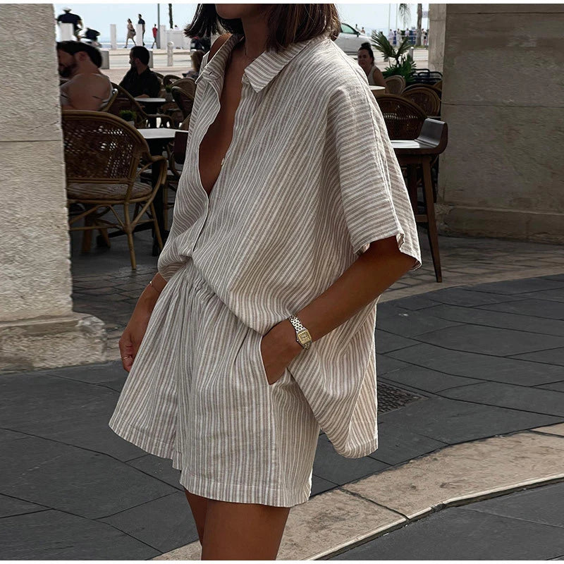 Women Casual Striped Cotton Linen Loose Shirt Shorts Suits Fashion Lapel Half Sleeves Elastic Waisted Shorts Summer Lady Outfits