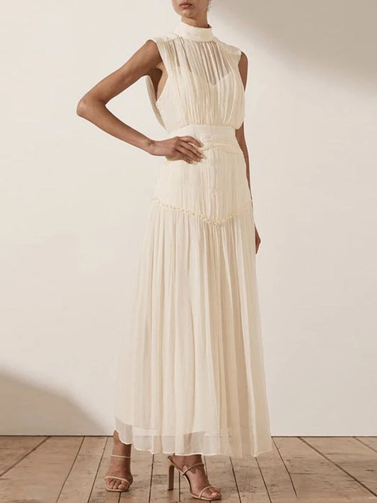 TWOTWINSTYLE Vintage Ruched Dress For Women Stand Collar Sleeveless High Waist Chiffon Midi Dresses Female 2022 Fashion New