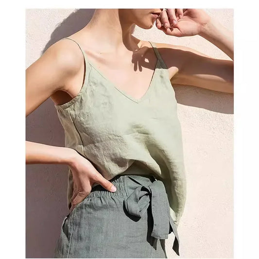 Pure Color Cotton Linen Sleeveless V-Neck Women's Tank Top Loose Fit Simple Style Outerwear Casual Comfortable Vest