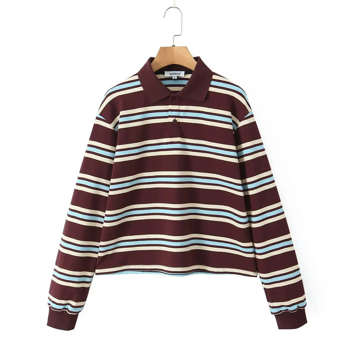 Summer 2025 Polo Shirts Woman Long Sleeve Tops Women Striped Vintage Clothes Polo Shirts Mujer Streetwear Casual Tops Brown