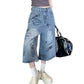 American Style Retro Street Women's Mid-Length Jeans Graffiti Design Loose Straight Cut Shorts Casual Fashionable Denim Shorts