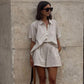 Women Casual Striped Cotton Linen Loose Shirt Shorts Suits Fashion Lapel Half Sleeves Elastic Waisted Shorts Summer Lady Outfits