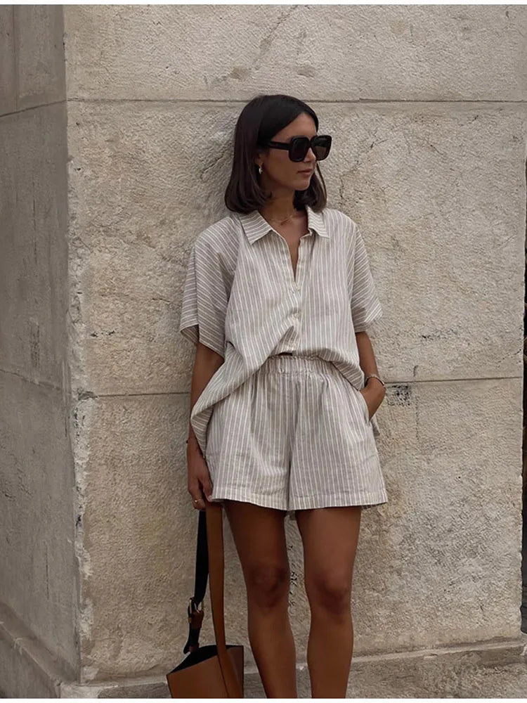 Women Casual Striped Cotton Linen Loose Shirt Shorts Suits Fashion Lapel Half Sleeves Elastic Waisted Shorts Summer Lady Outfits