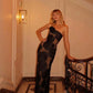 Mingmingxi Black Mesh Birthday Dress for Women 2024 One Shoulder Sexy Long Dress Slim Elegant Flower Wedding Guest Party Dresses