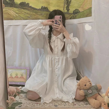 Women's Summer Spring Dress White Black Long Sleeves Lolita Dresses Ruffles Peter Pan Collar Preppy Style Princess Fairy Cute