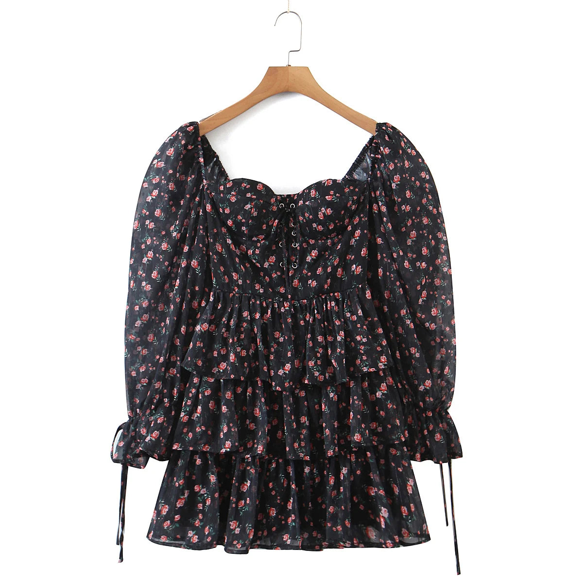 2022 Women Sexy Cross Bandage Black Flower Print Puff Long Sleeve Dress 3 layer Wood Ears Ruffles Hem Cake Mini Holiday Robe