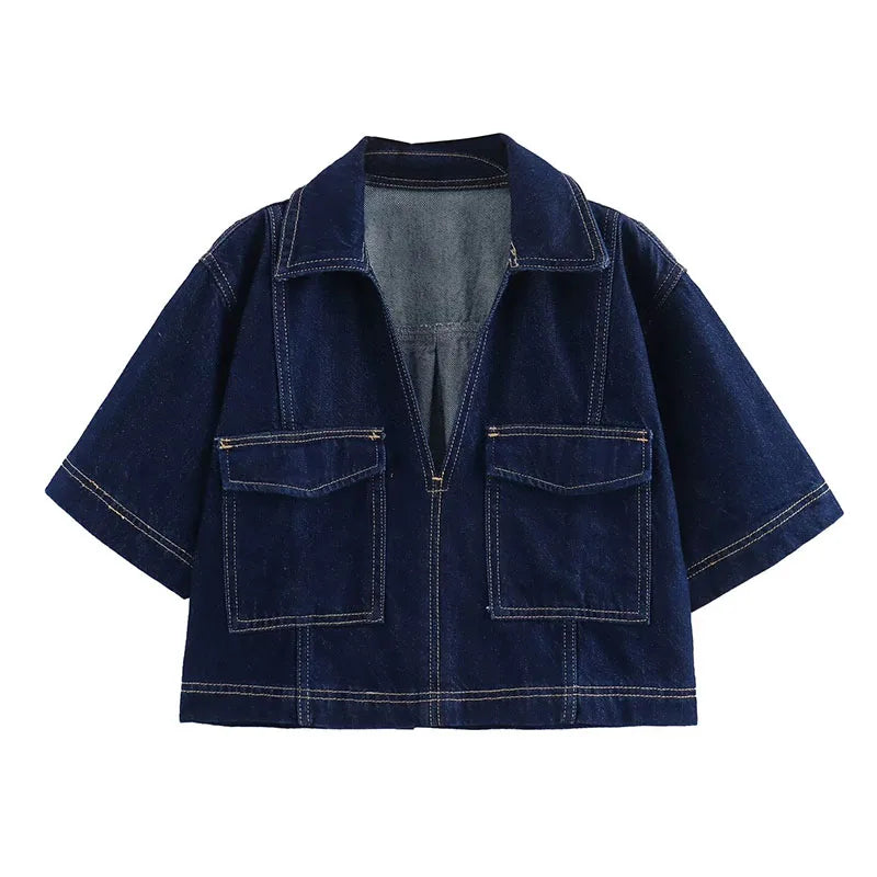 TRAFZA Summer Women Suits Denim Blue Turn-Down Collar Short Sleeves Pocket Decoration Shirts+Mid Waist Asymmetrical Shorts