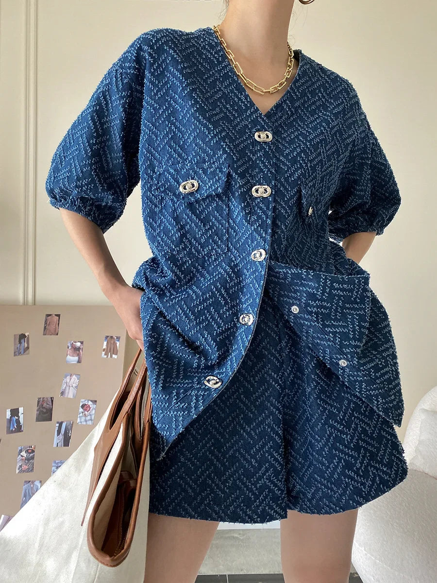 Women's Denim Short Sleeve Top and Shorts Two Piece Suit French Fashion Spring Summer Cowgirl Top Streetwear Korean Leisure New