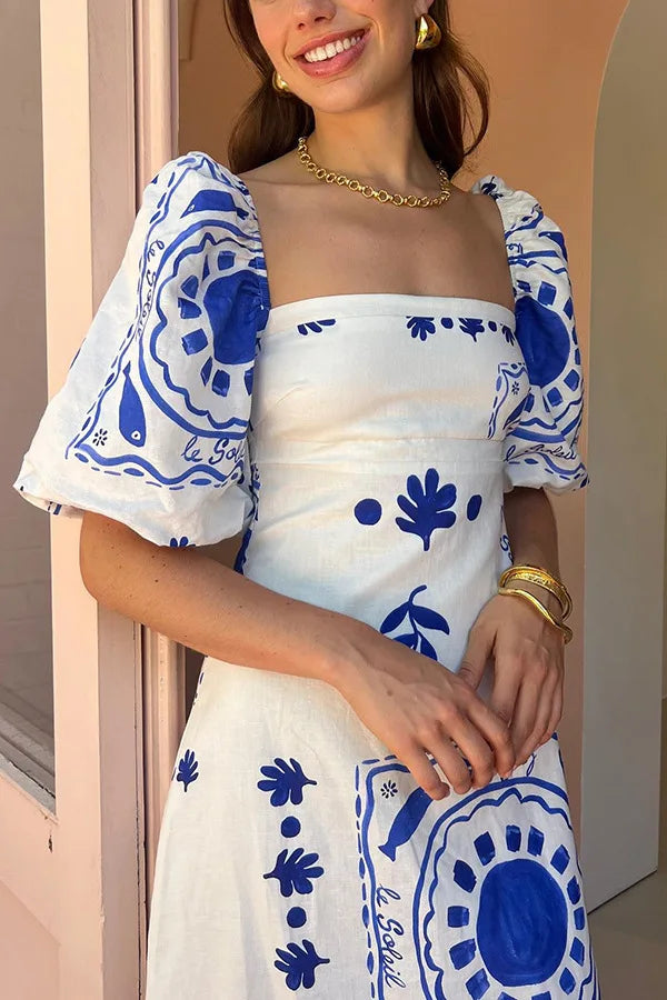 Fashion Square Collar Printed Long Dress Women Elegant Casual Short Puff Sleeved Dresses 2024 Summer Chic Female Vacation Robes