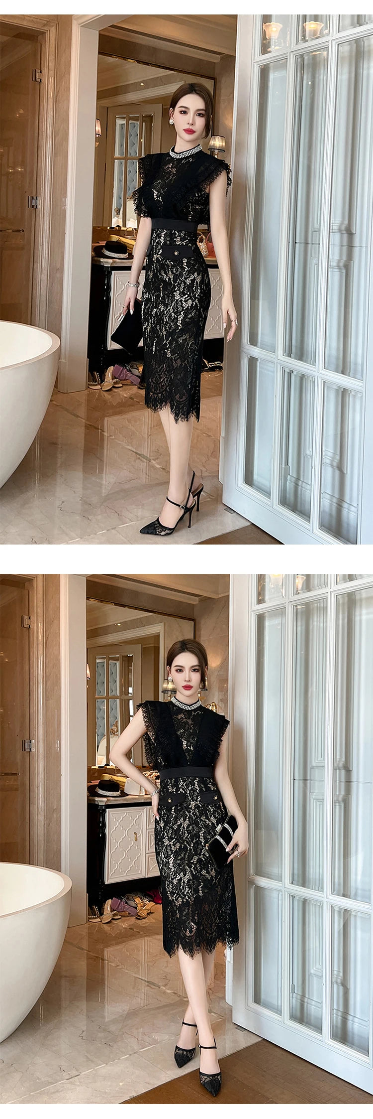 Women's French Noble Elegant Prom Dresses Black Lace Sheer Perspective Diamond High Waist Fishtail Robe Party Banquet Vestidos