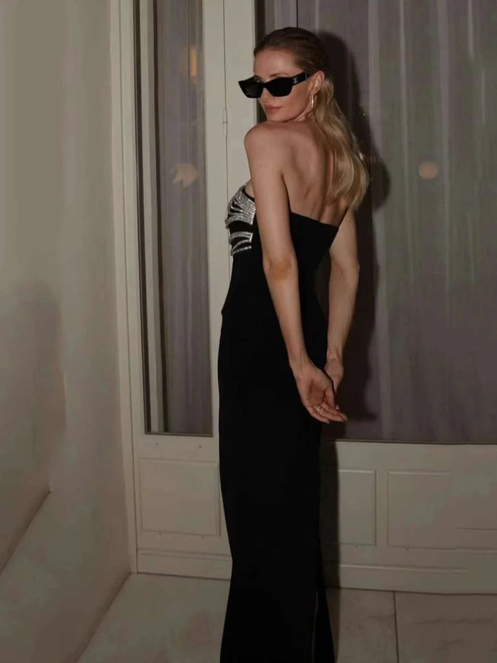 New Women Celebrity Sexy Strapless Backless Diamonds Black Maxi Long Bodycon Bandage Dress 2024 Elegant Evening Club Party Dress