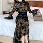 French Elegant Prom Dresses Woman Retro Black Perspective Elastic Mesh Folds Wrap Hip Slit Fishtail Robe Female Party Vestidos