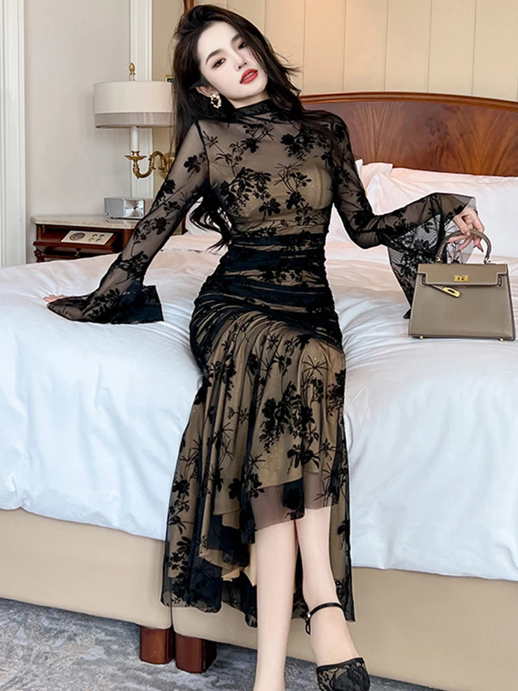 French Elegant Prom Dresses Woman Retro Black Perspective Elastic Mesh Folds Wrap Hip Slit Fishtail Robe Female Party Vestidos