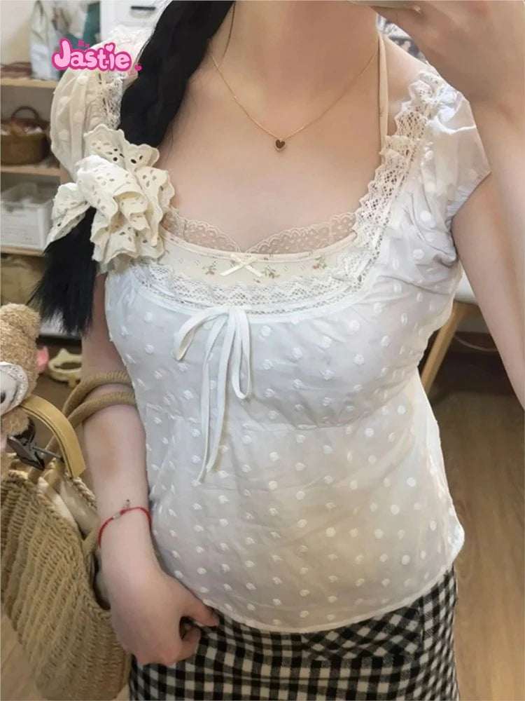 2024 New White Lace Tied Square Neck Summer T-shirts Chic Elegant Short Sleeve Tee Cotton Y2K Street Casual Bow Tie-up Top Women