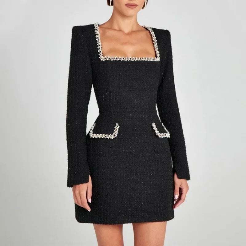 Talenza Women's Elegant Tweed A-Line Dress Solid Slim Fit Y2k Short Sleeve Dress Retro O-Neck Patchwork Luxury Evening Dress